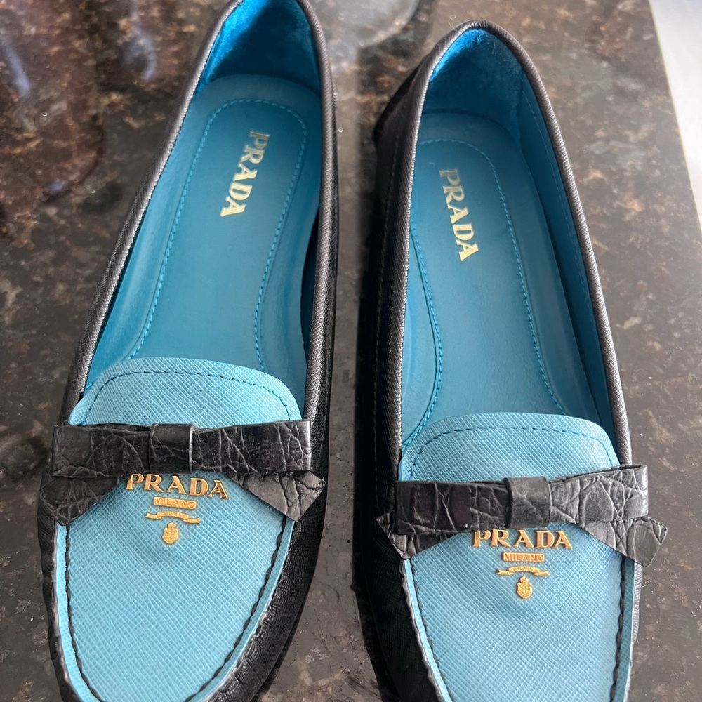 Prada Women's Black and Blue Loafers with Bow Detail